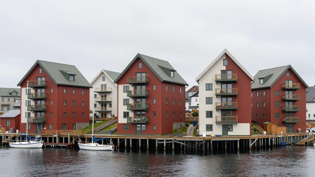 Four slim gabled apartment buildings in red ochre, white and green timber on a harbour quay.