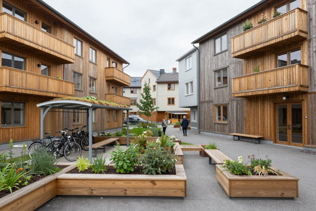 A green courtyard with planting beds and a bicycle shelter between timber apartment buildings.
