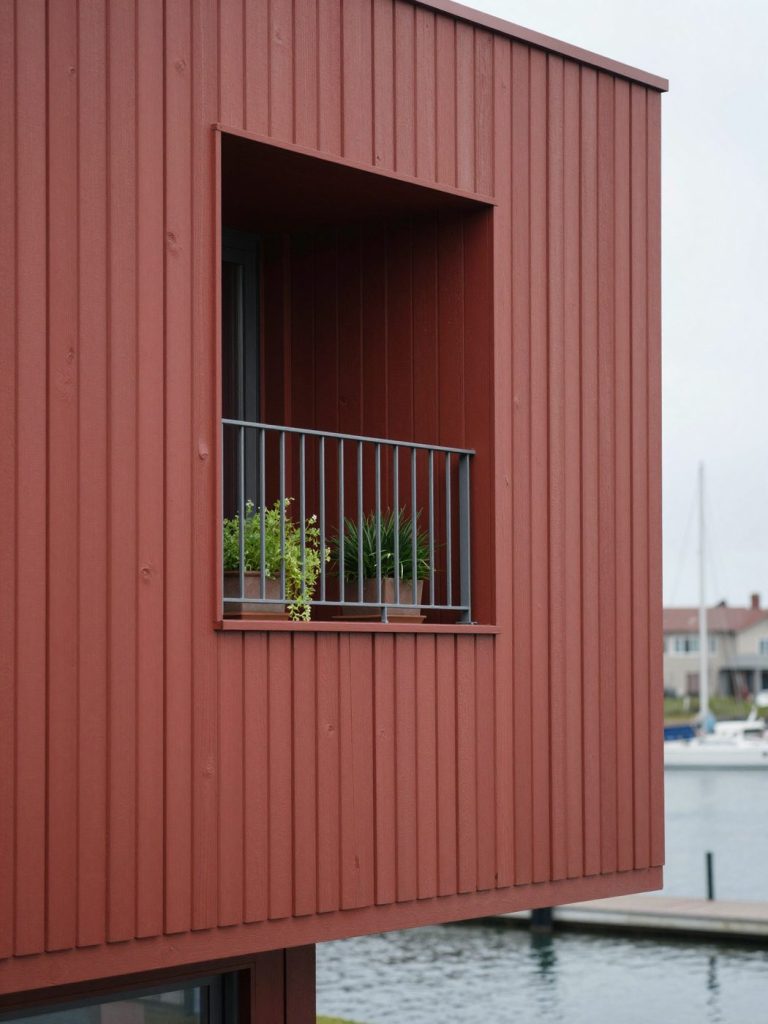 A red ochre timber facade with a deep balcony and herbs, harbour water below.