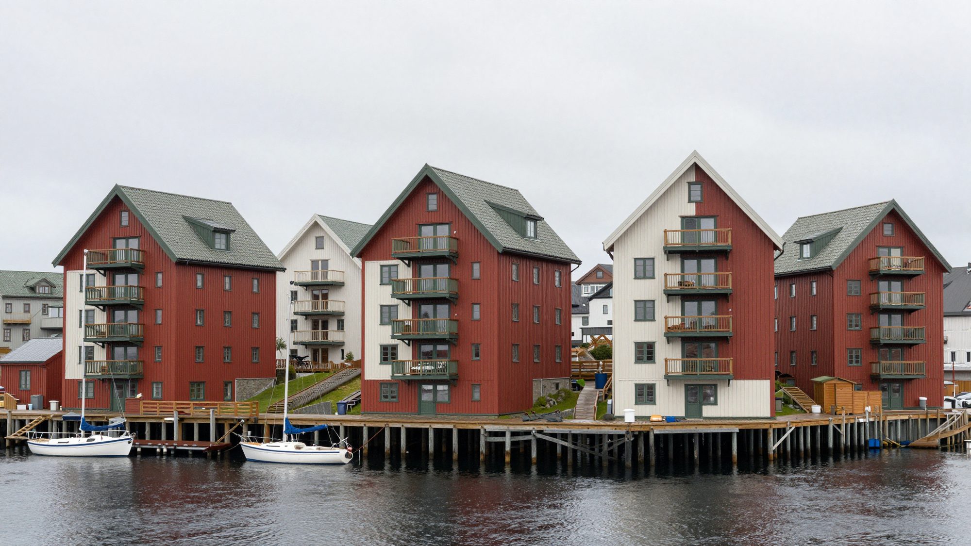 Four slim gabled apartment buildings in red ochre, white and green timber on a harbour quay.