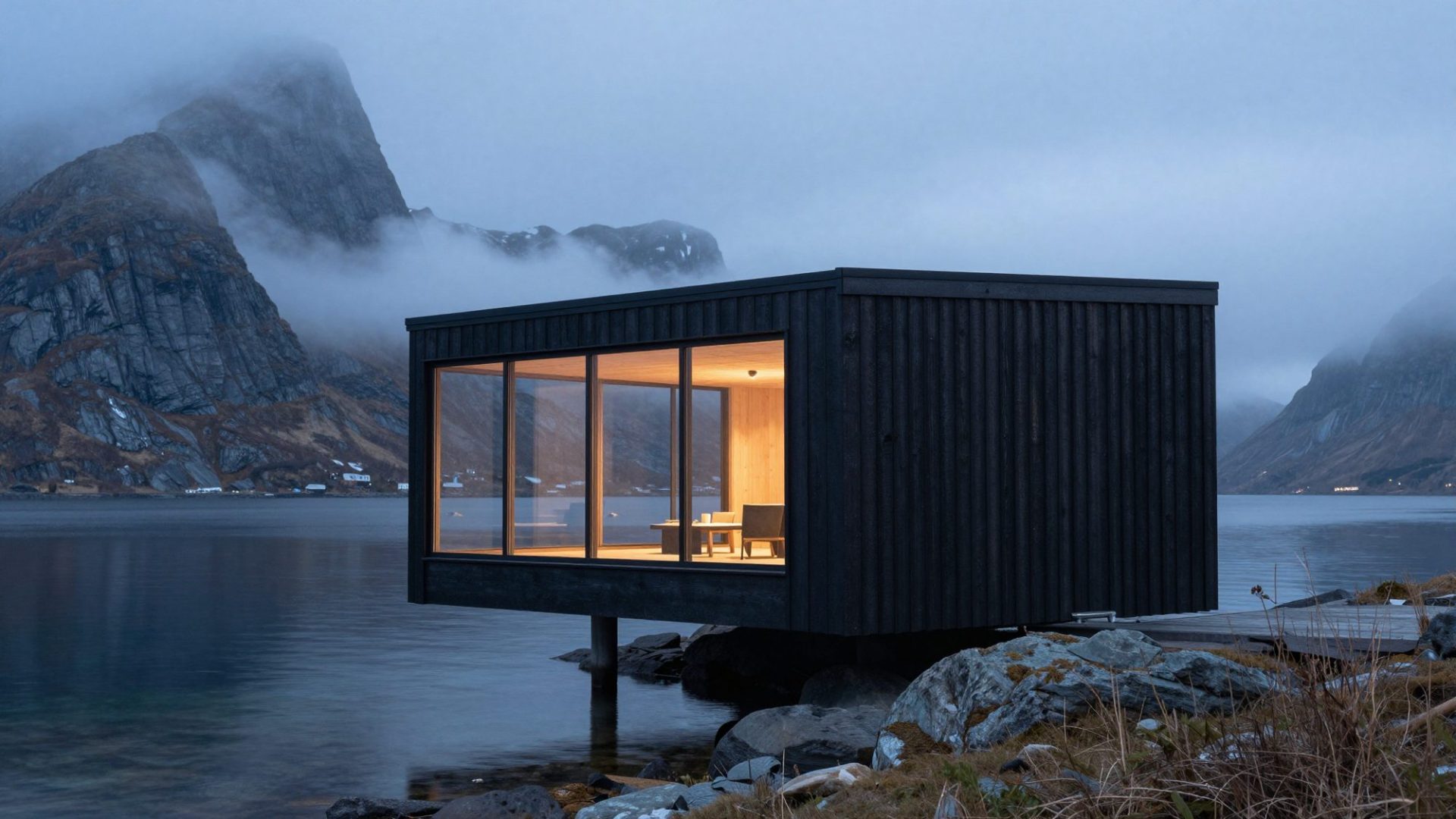A black timber cabin cantilevered over a calm fjord at blue hour, warm light behind a long window.
