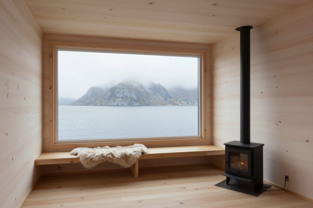 A spruce-lined room with a long bench, a wood stove and a big window onto grey sea and mountains.
