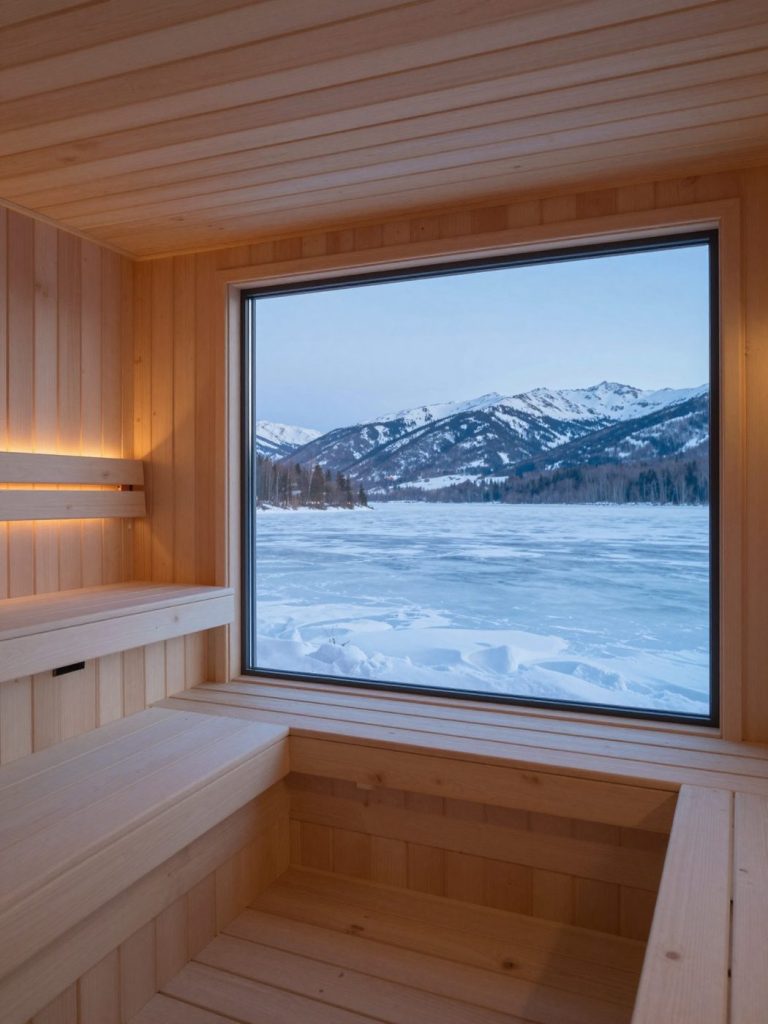 A pale wooden sauna with a large window facing a frozen mountain lake.