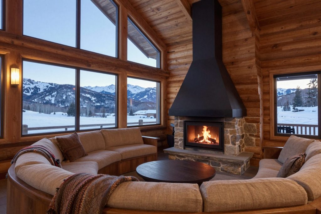 A sunken lounge around a round open fireplace with a big window onto snowy mountains.