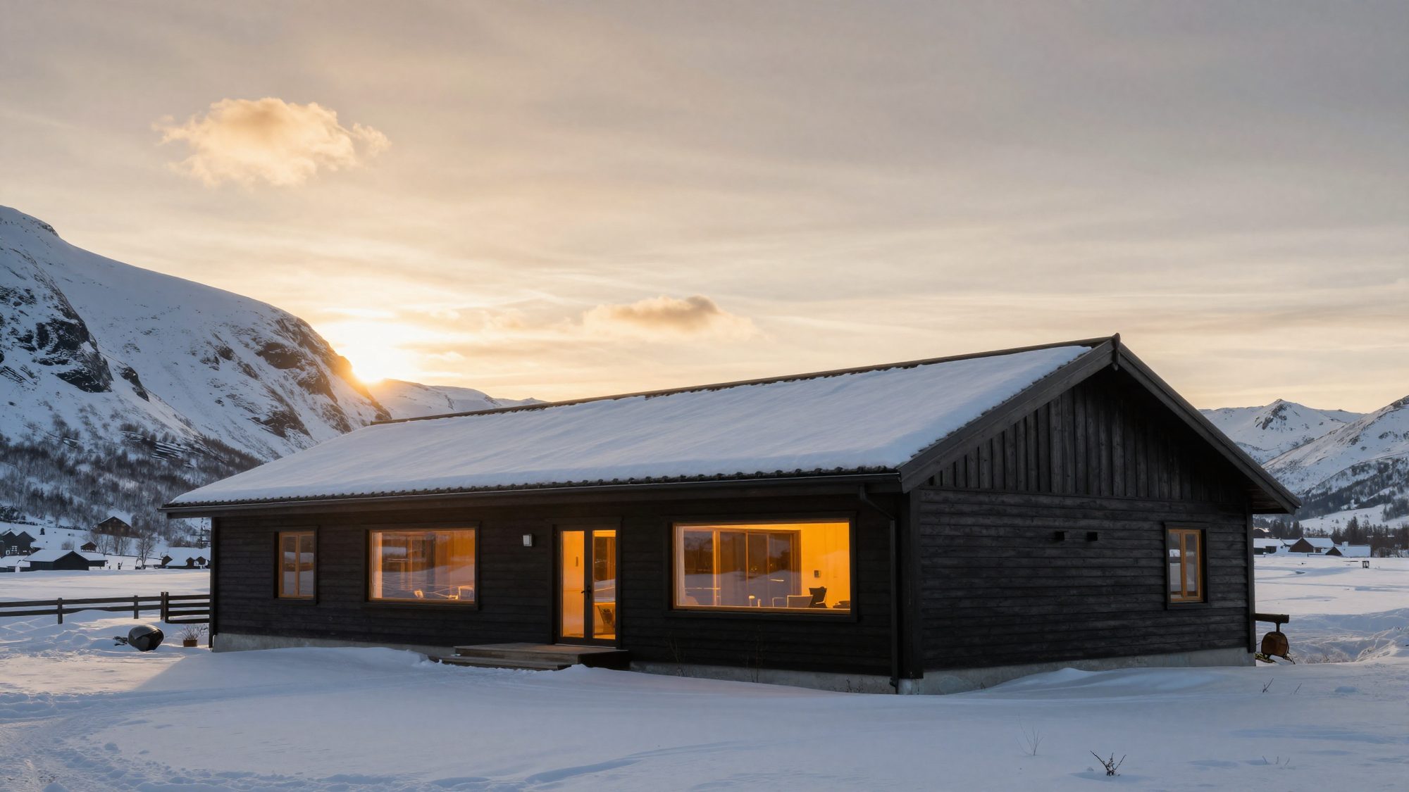 A dark timber lodge with a snow-covered roof on a mountain plateau at sunset.