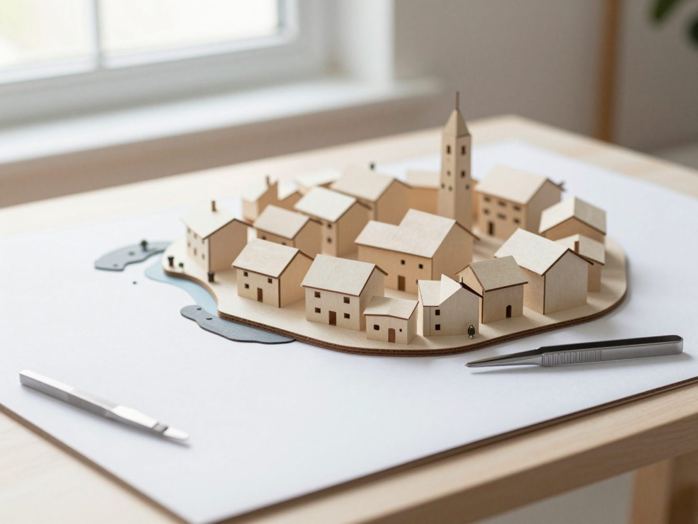 A white cardboard model of a small coastal village with tweezers and a scalpel beside it.