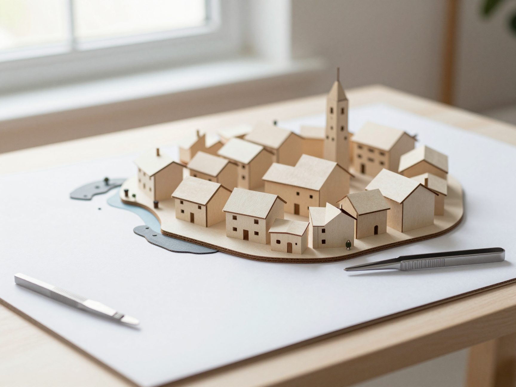 A white cardboard model of a small coastal village with tweezers and a scalpel beside it.