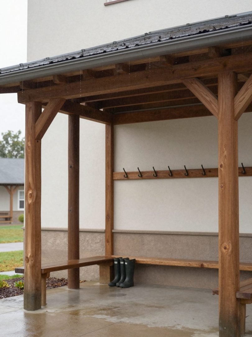 A timber entrance canopy in the rain with coat hooks and small rubber boots underneath.