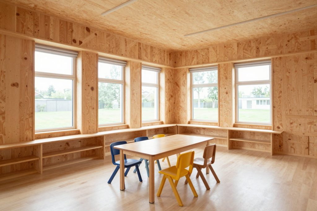 A bright timber classroom with low windows, window seats and small colourful chairs.