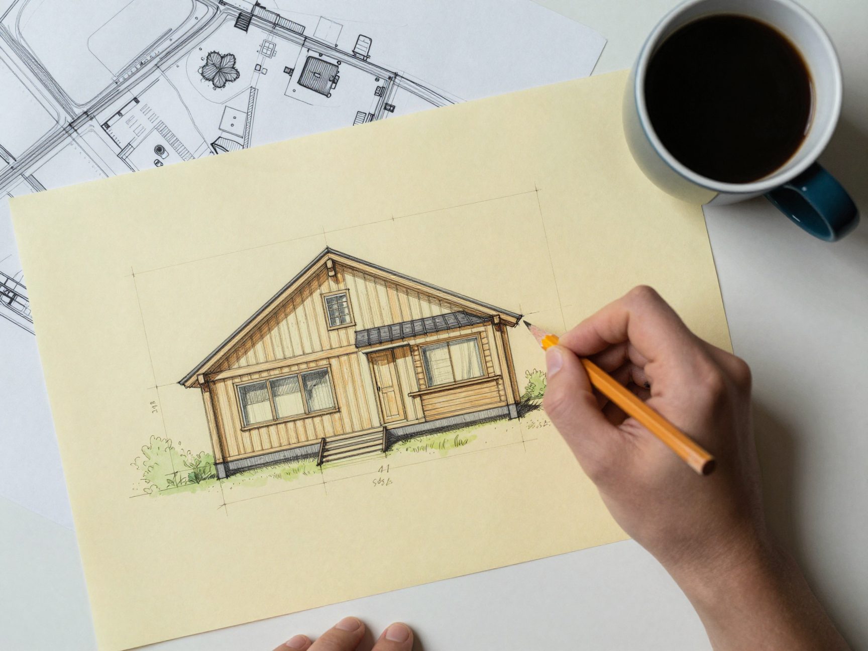 A hand sketching a timber house in pencil on tracing paper, with a cup of coffee.