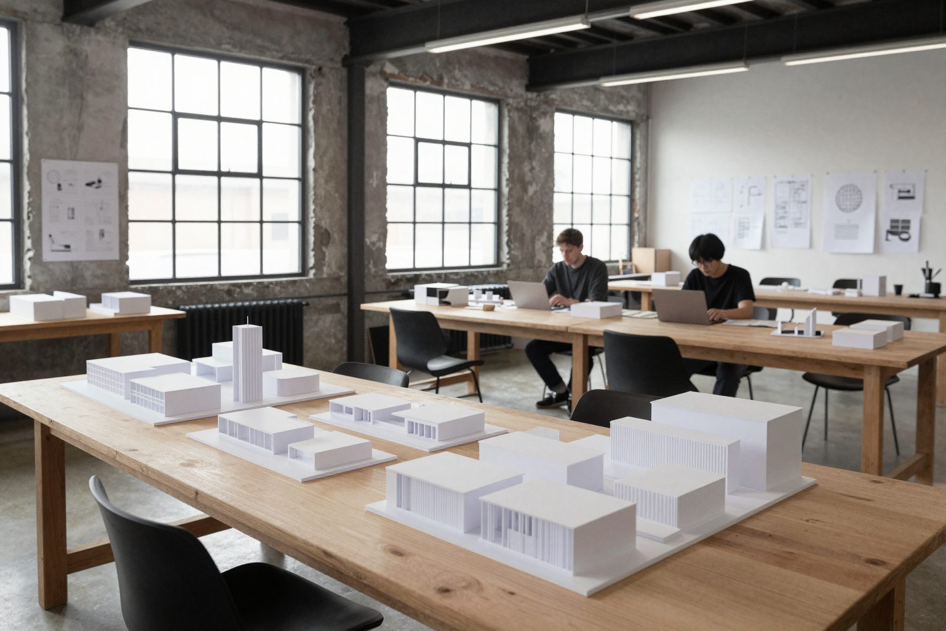 An architecture studio in an old warehouse with long oak tables and white building models.